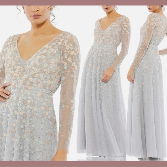 NEW $798 Mac Duggal [ 16 ] Embellished‎ Wrap Over Illusion Long Sleeve Gown - Picture 1 of 16
